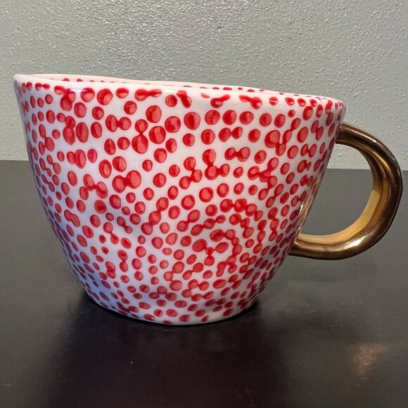 CREATIVE CO-OP Artisan Look Stoneware Mug w/ Red Dots Design & Shiny Gold Handle - Picture 4 of 11